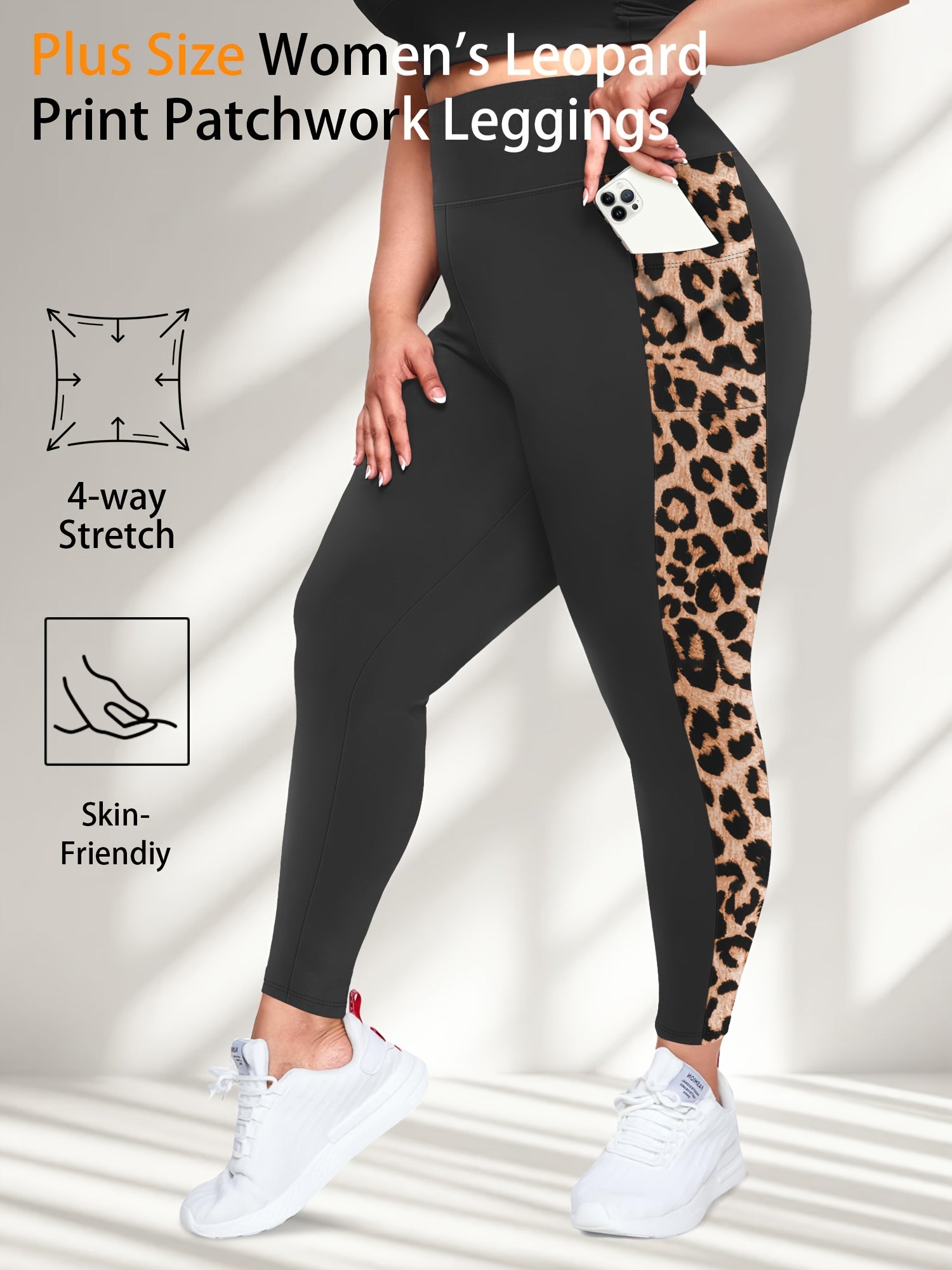 Plus Size High-Waisted Stretchy 9/10 Length Leggings with Side Leopard Print