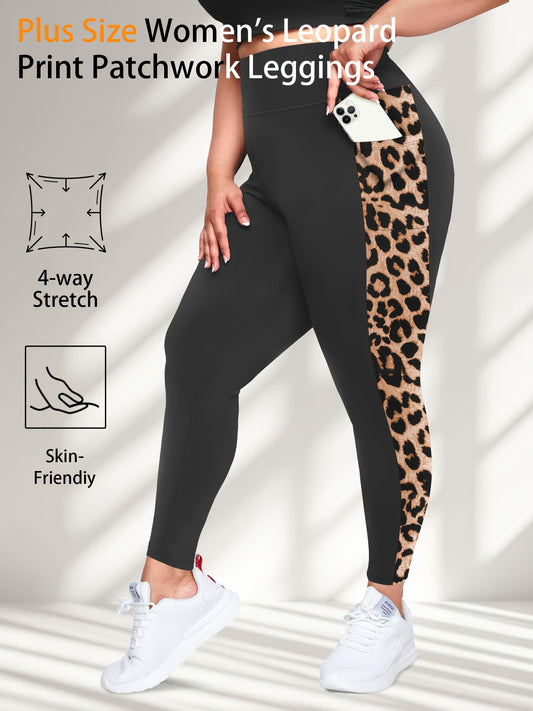 Plus Size High-Waisted Stretchy 9/10 Length Leggings with Side Leopard Print