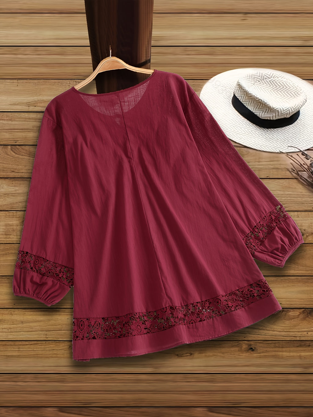 Casual Tie-neck 3/4 Sleeve Blouse For Spring, Women's Plus Size