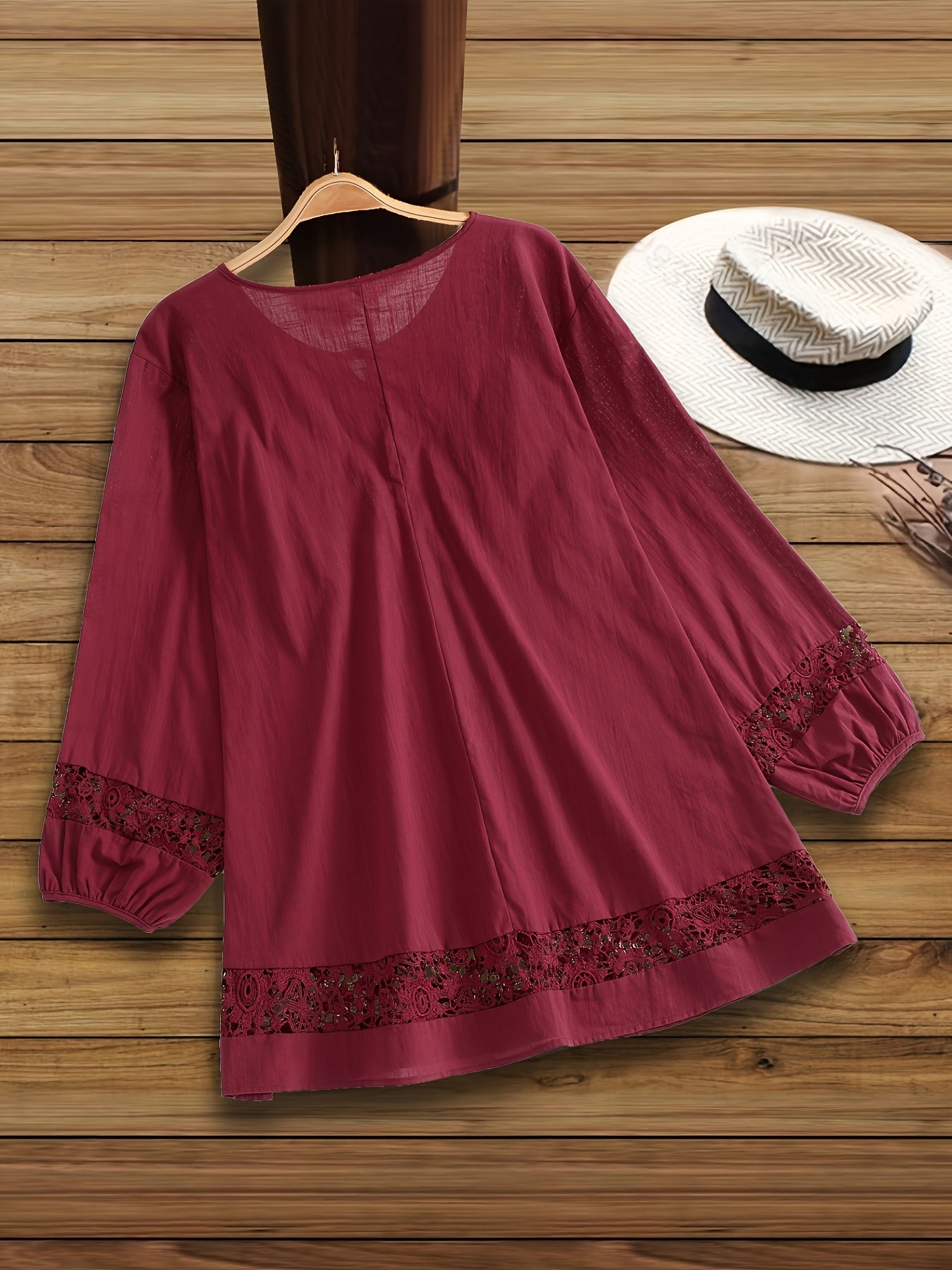 Casual Tie-neck 3/4 Sleeve Blouse For Spring, Women's Plus Size