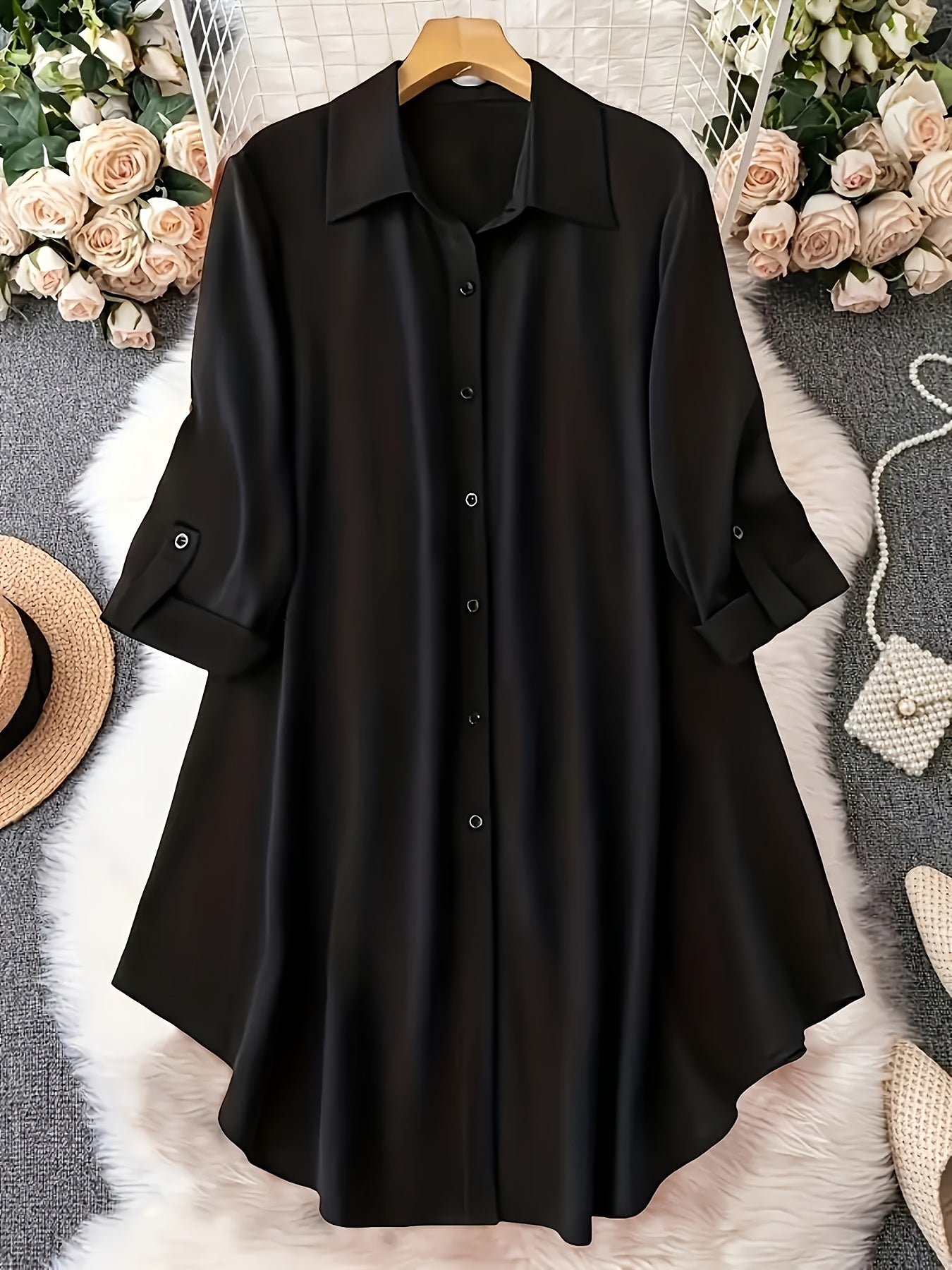 Plus Size Women's Elegant Long Black Shirt