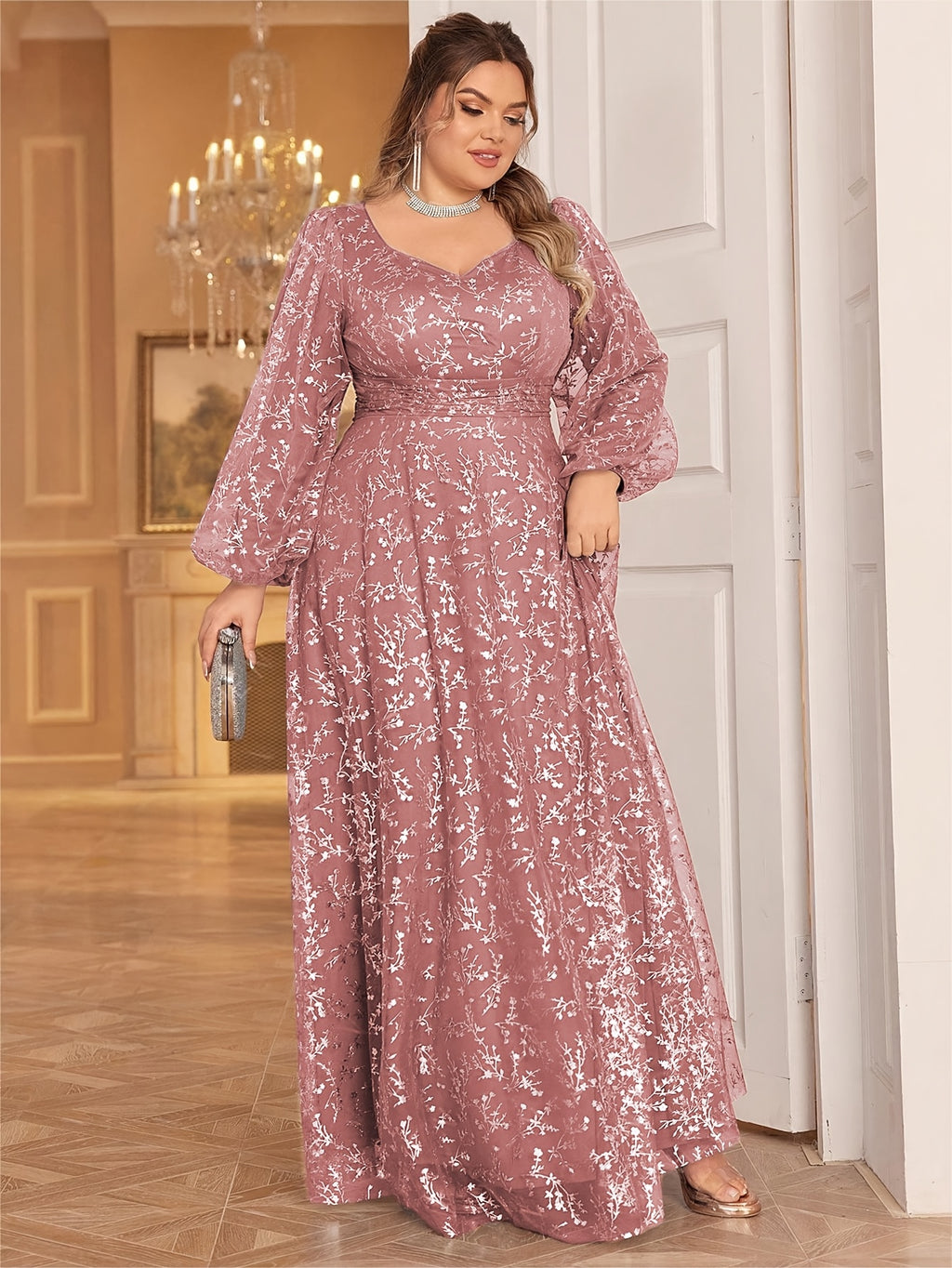 Plus Size, Plus Size Women's Golden Foil Floral Mesh Sweetheart Neck Lantern Sleeve