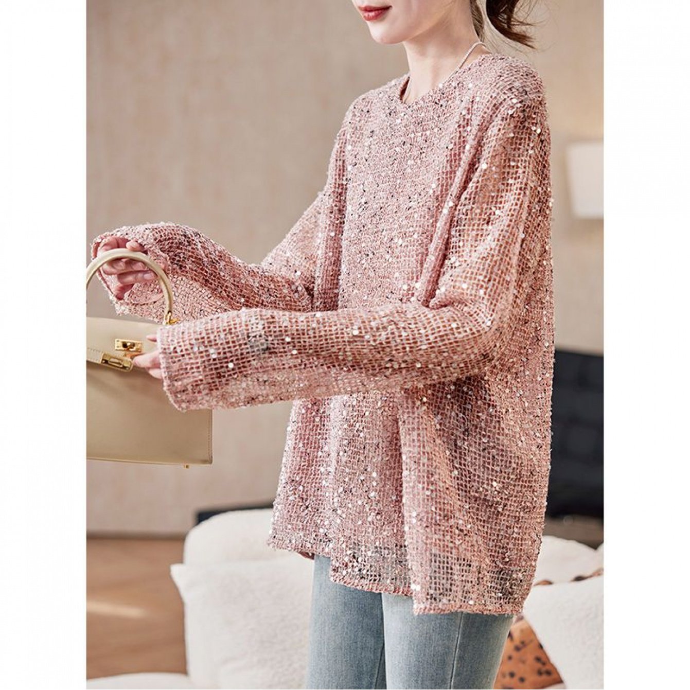 Women's Elegant Sequin Chiffon Blouse - Reversible Round Neck Top