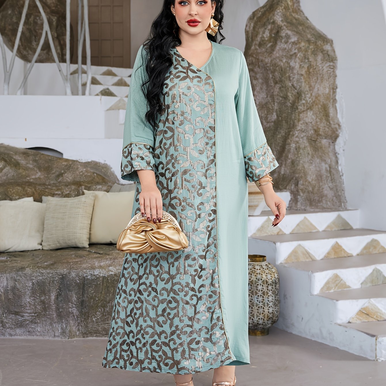 Oriental Elegant JALABIAV Dress with Asymmetrical Splice Design
