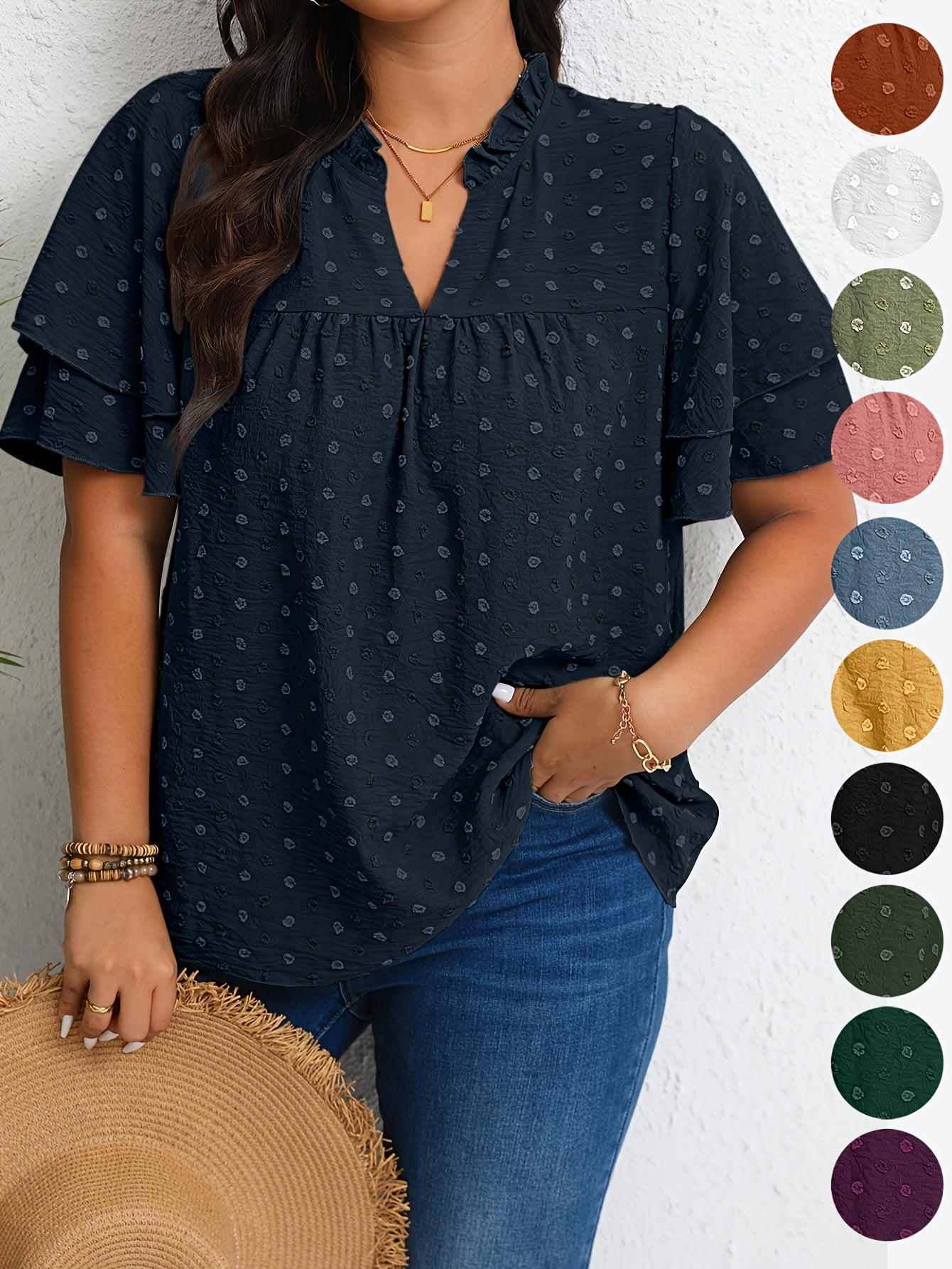 Plus Size Women's Casual V-Neck Blouse with Ruffled Short Sleeves