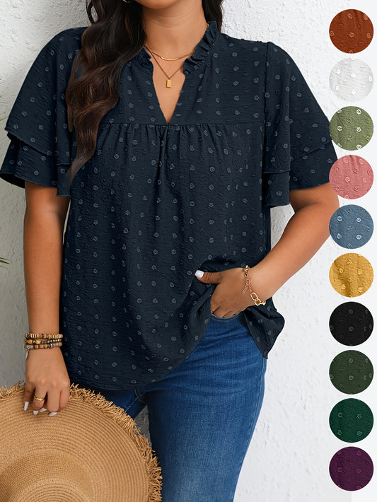 Plus Size Women's Casual V-Neck Blouse with Ruffled Short Sleeves
