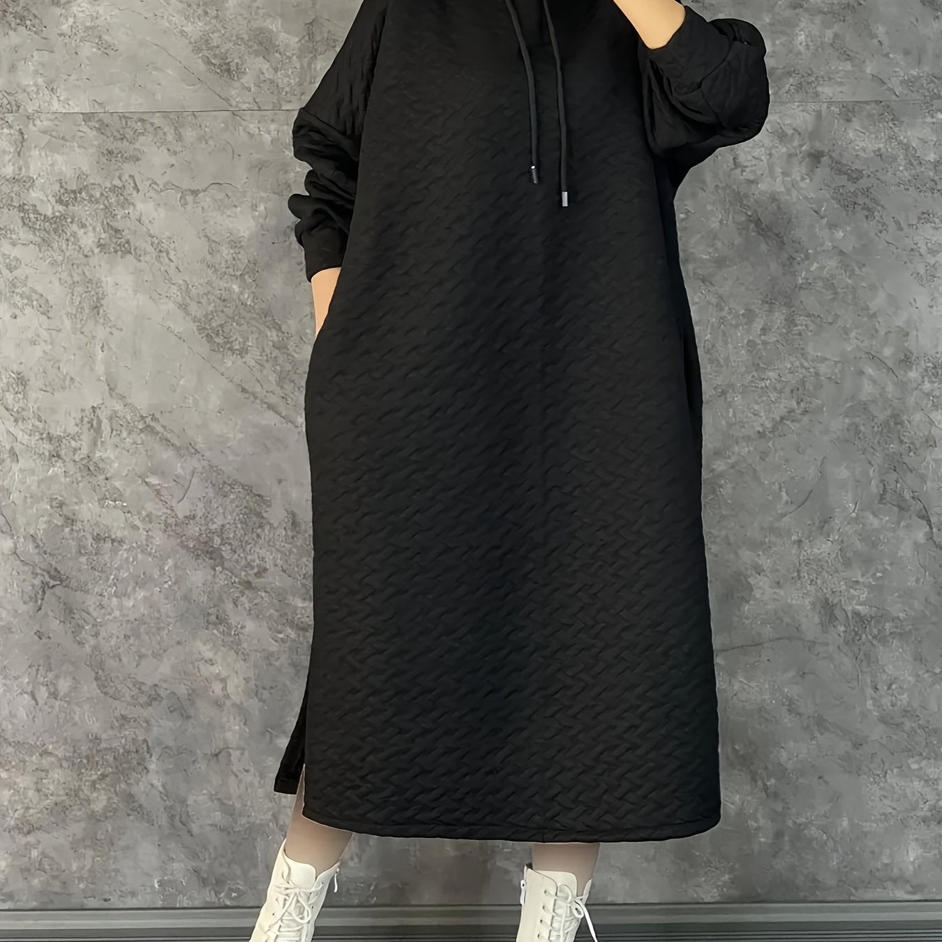 Women's Casual Hooded Long Sleeve Dress with Pockets - Solid Color