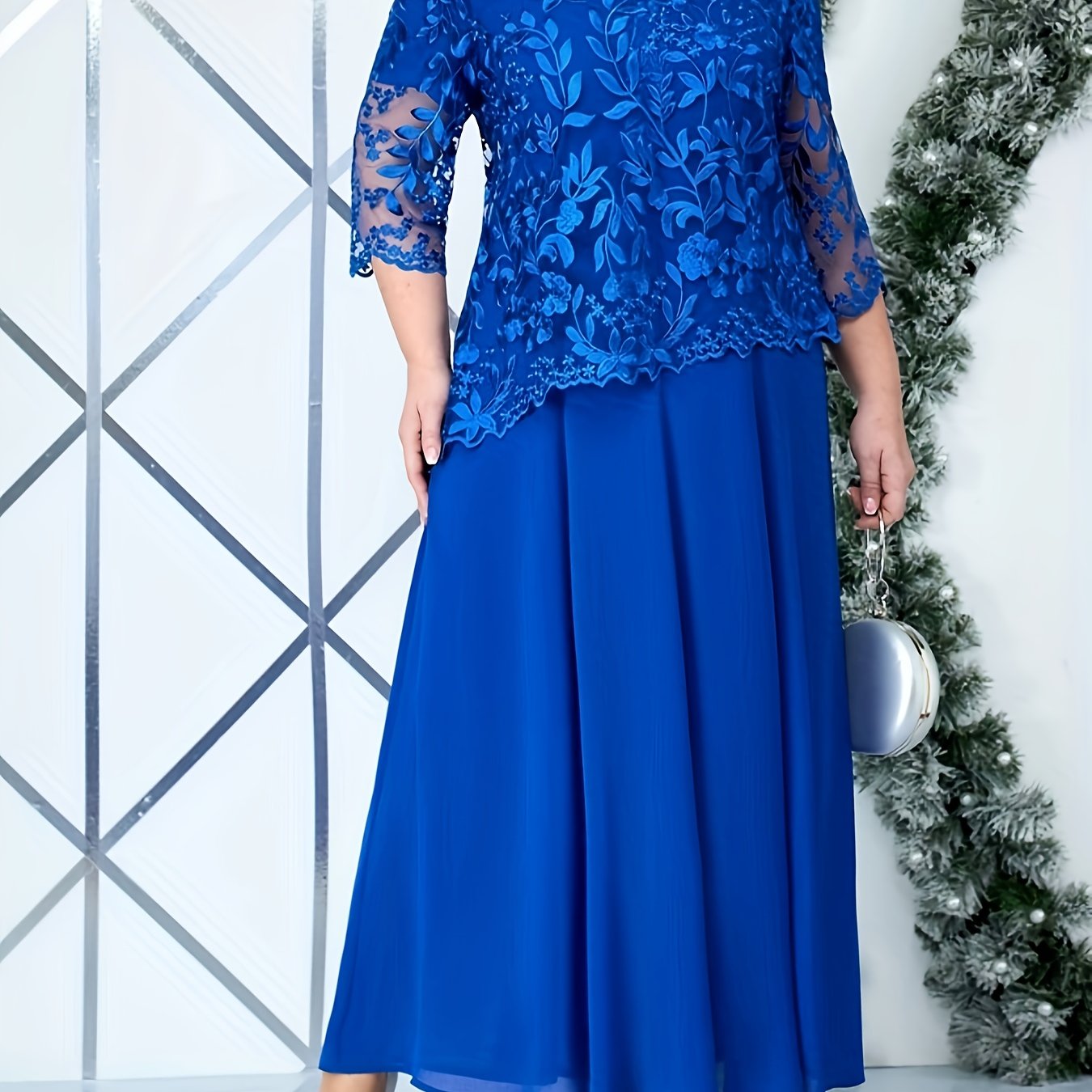Plus Size Elegant Embroidered Lace Midi Dress for Women - Sleeveless, Chiffon Fabric, Crew Neck, Ball Gown Skirt, Summer Wedding Party