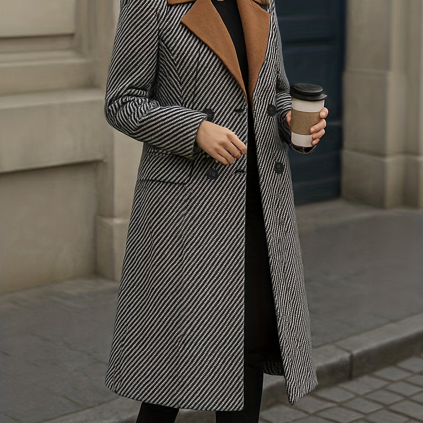 Women's Elegant Houndstooth Check Coat - Long Formal & Everyday Outerwear, Structured H-Silhouette