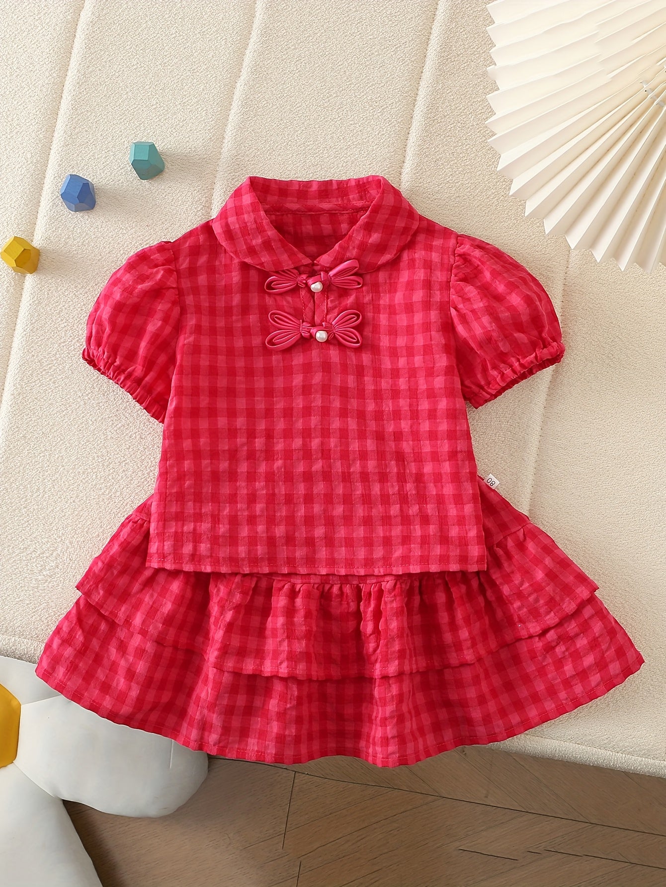 2pcs Korean Style Red Grid Half Sleeve Skirt Set for Youngsters Girls