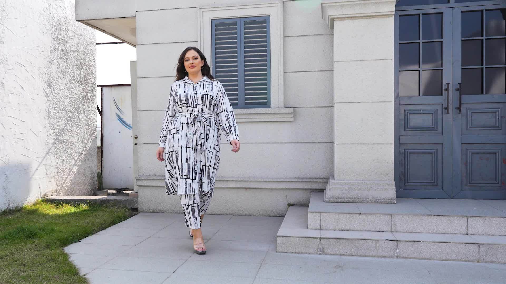 Plus Size Long Sleeve Shirt and Pants Set with Floral Print