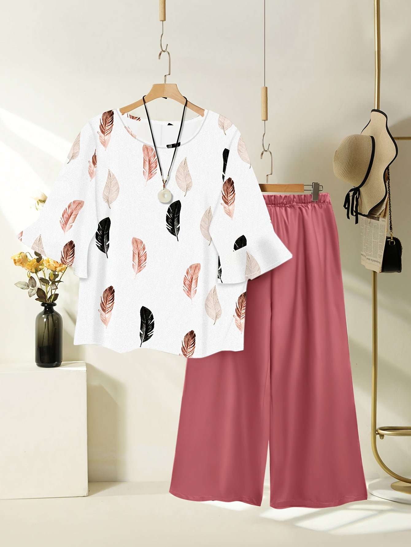 Women's Casual Vacation Print Short Sleeve Top + Elastic Waist Loose Wide-Leg Pants