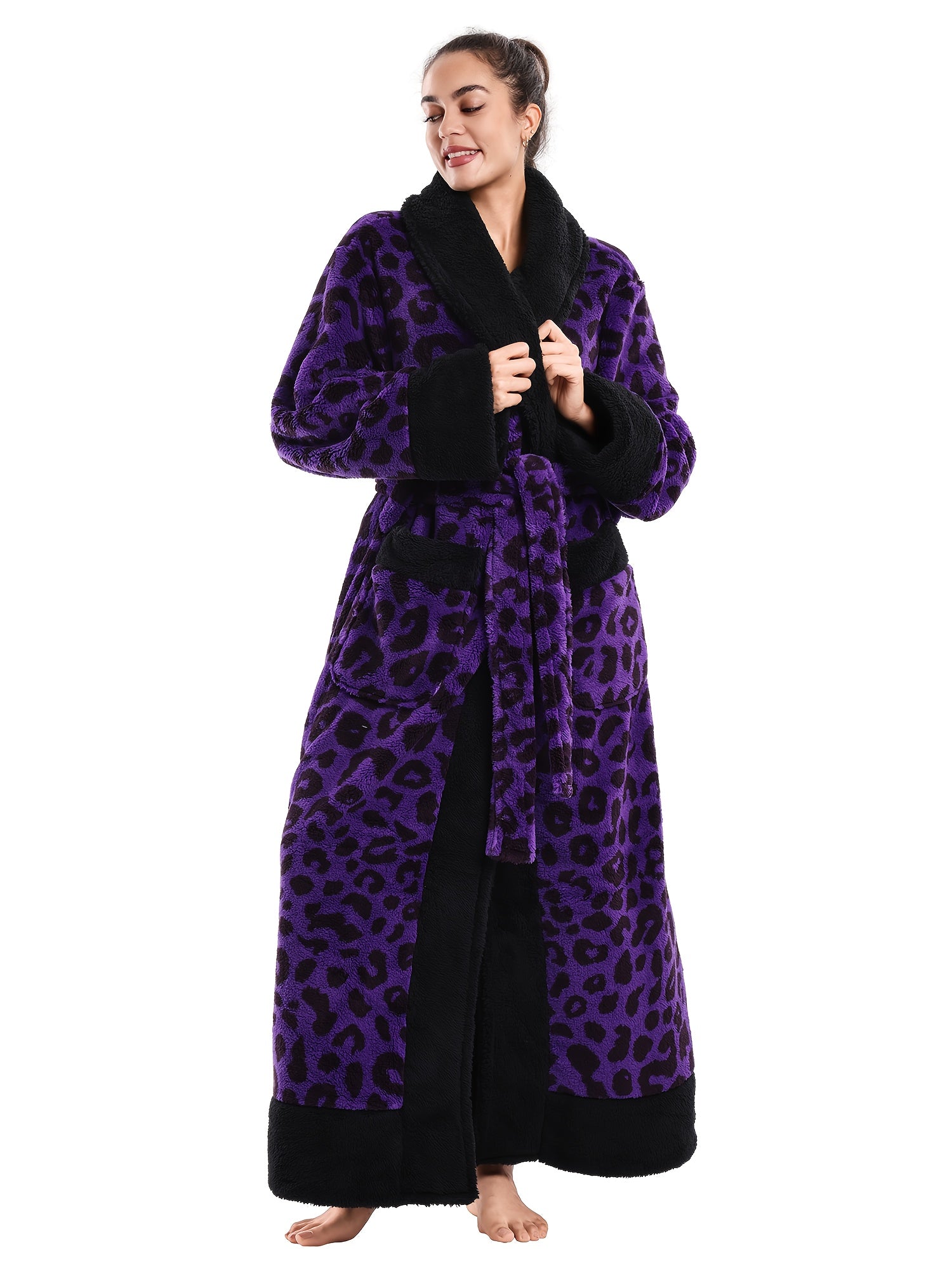 1pc Women's Elegant Leopard Print Robe & Sleepwear - Oversized Winter Cozy Plush Bathrobe