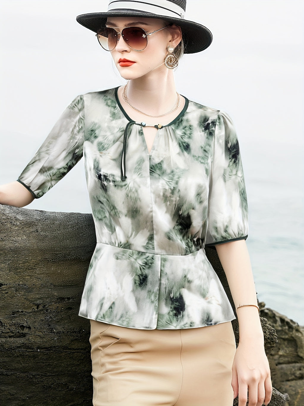Women's Blouse - Soft Pastel Floral shirt with Twist Front, Breathable Office & Party