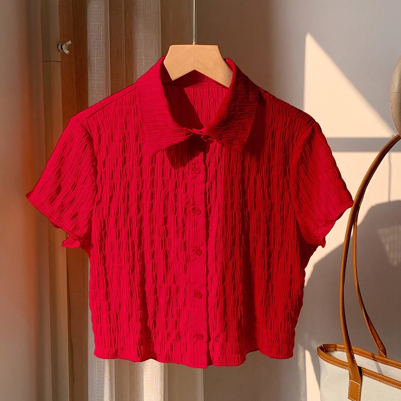 Women's Elegant Solid Red Open Collar Short Sleeve Shirt