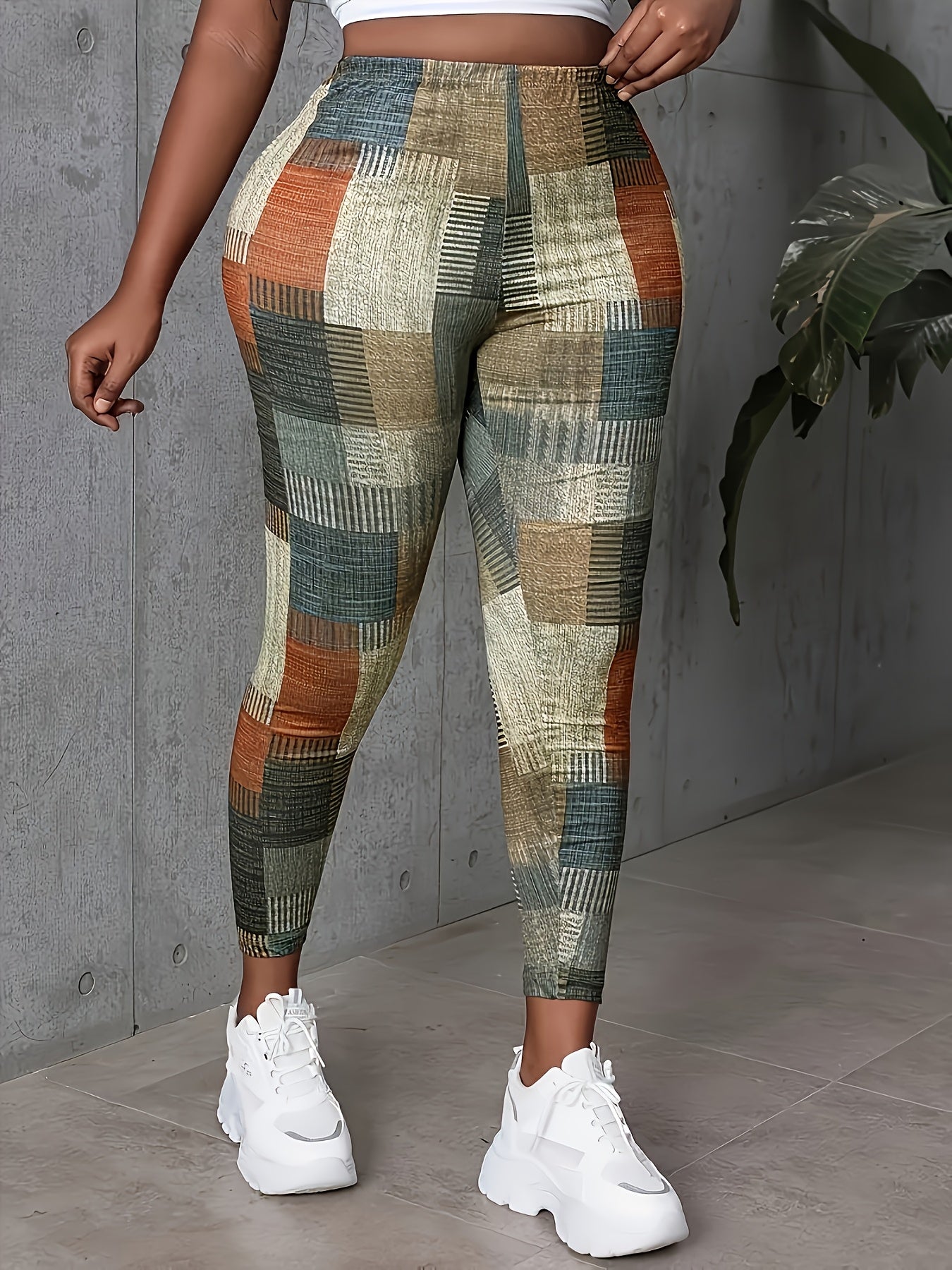 Plus Size Leggings for Women - High-Waisted 3D Geometric Print Running