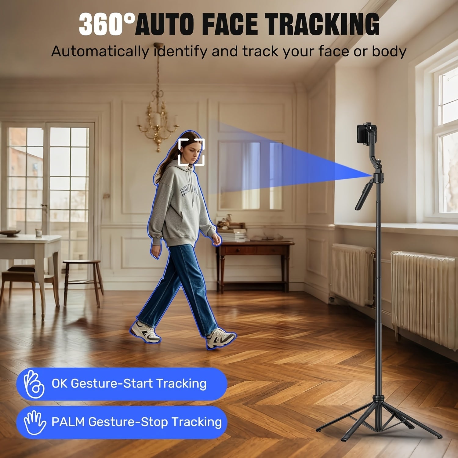 Auto Face Tracking Tripod 360° Rotation, Extendable