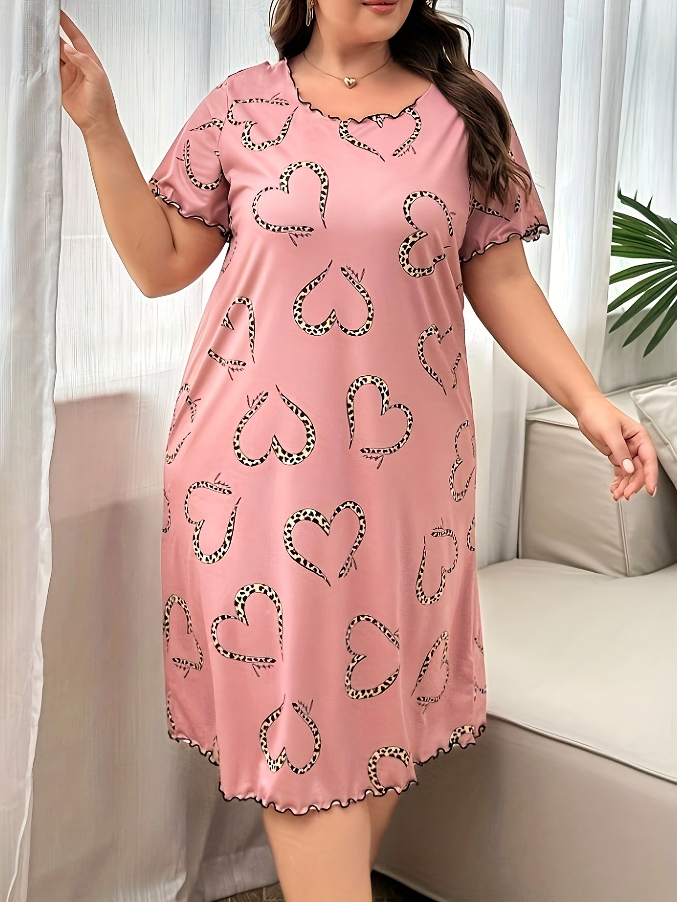 Plus Size Women'S Leopard Print Heart Pattern T-Shirt Dress