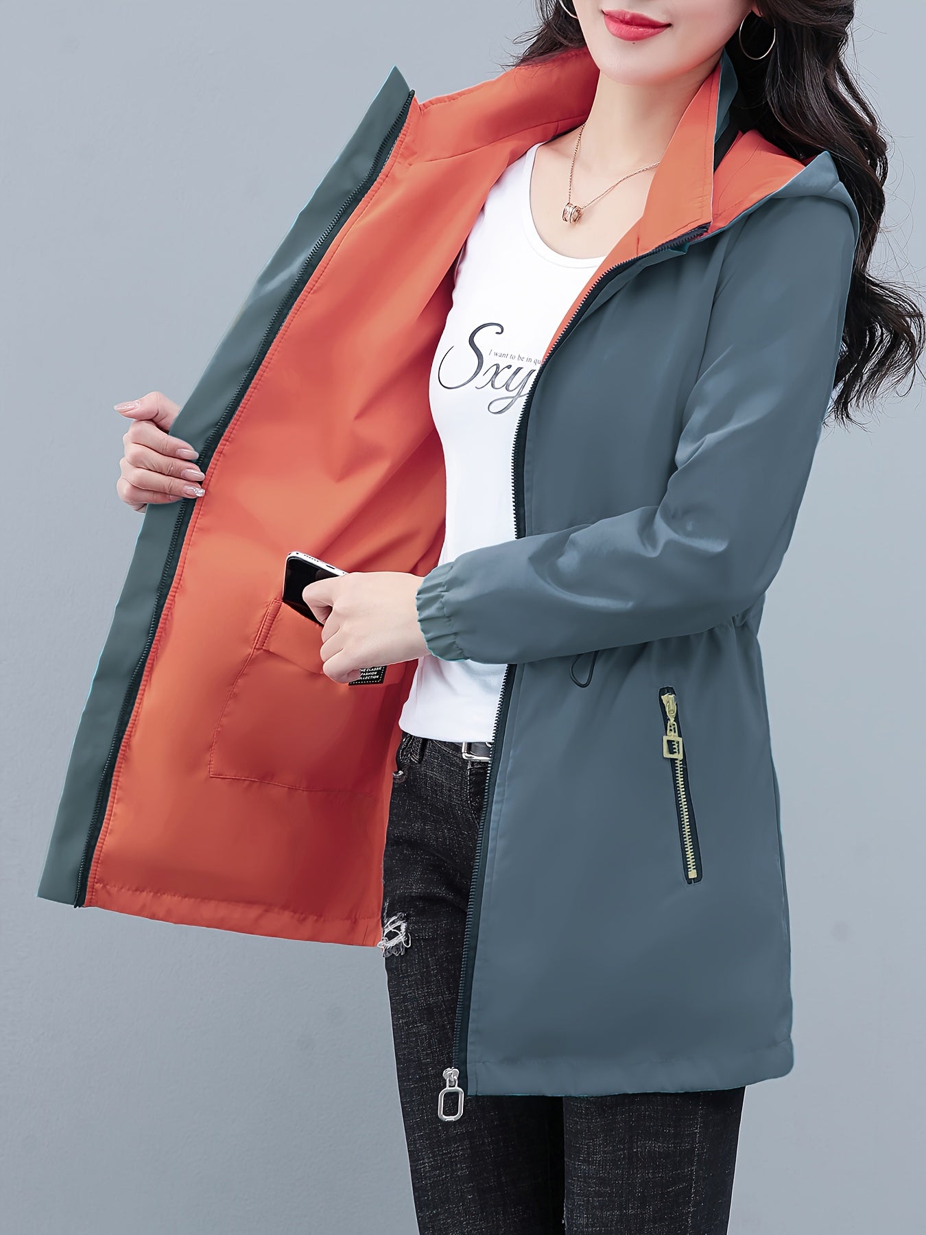 Women's Reversible Long Sleeve Windbreaker Jacket, Fit, Detachable Hood & Zipper Closure