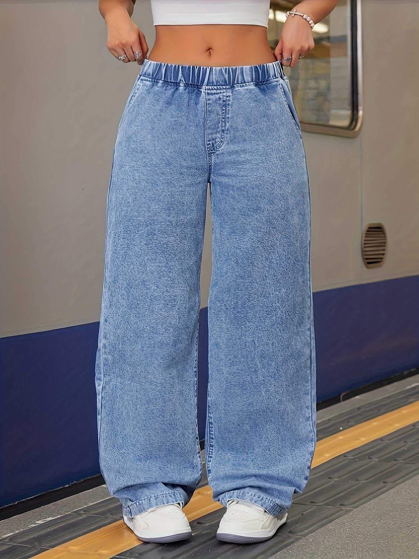 Women's Plus Size Wide Leg Full-Length Pants with Elastic Waist - Non-Stretch Washed