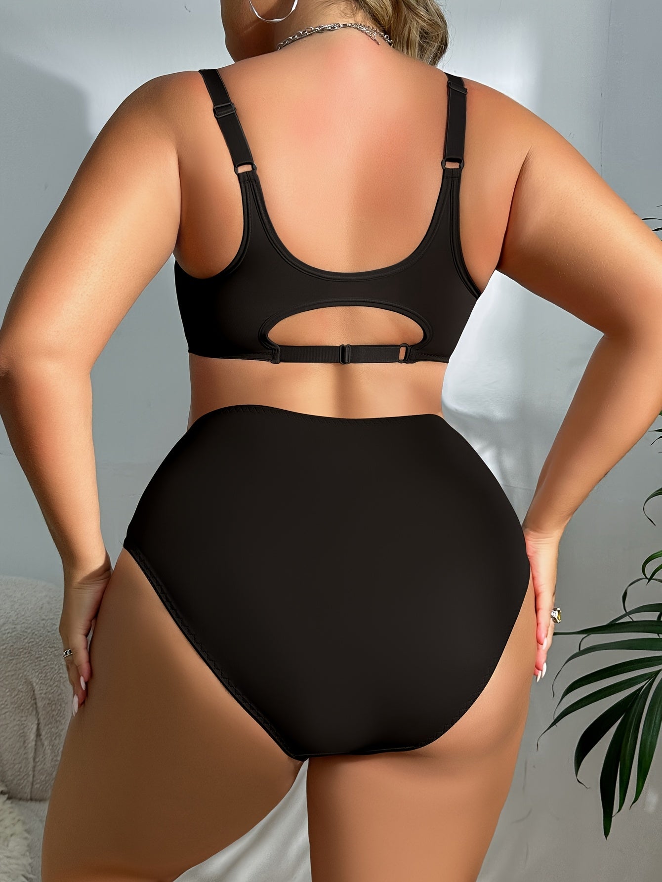 Plus Size Solid Color Non-Wired Front Opening Bra and Panty Set-2025#Set