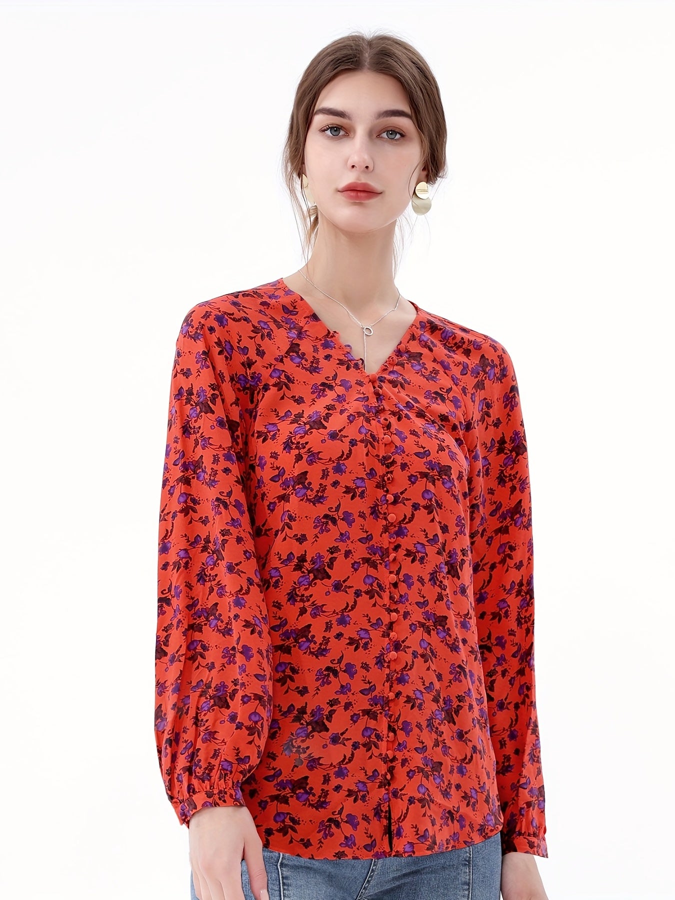 Floral Print V Neck Blouse, Casual Long Sleeve Blouse For Women